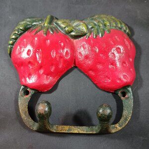 French Vintage Hand Painted Cast Iron Double Coat Hook Strawberry